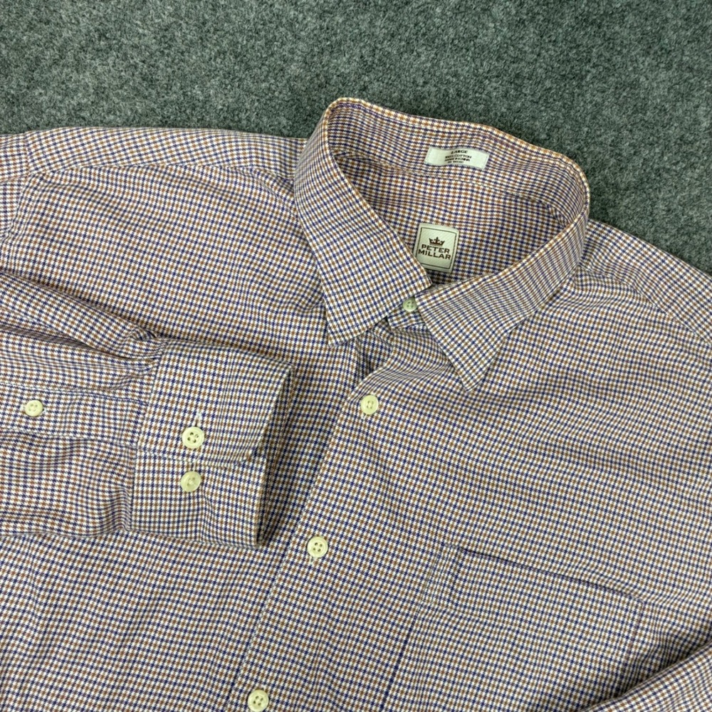 VTG Peter Millar Mens Size Large Cotton Micro Check Button Down Shirt Multicolor